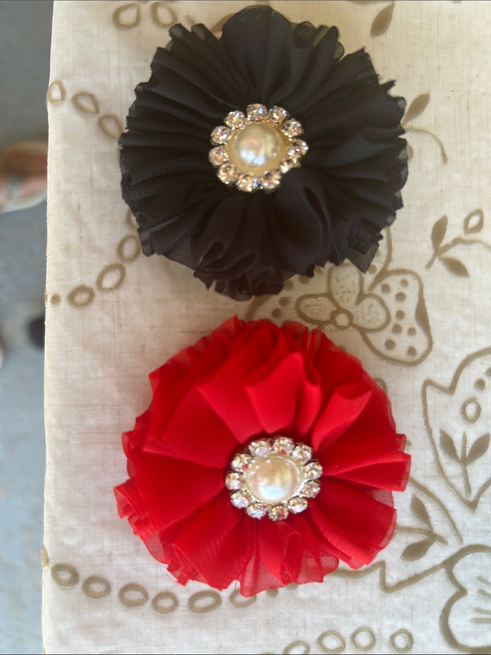Ruffled Flower Hair Clips in Black and Red with Pearl Rhinestone Centers